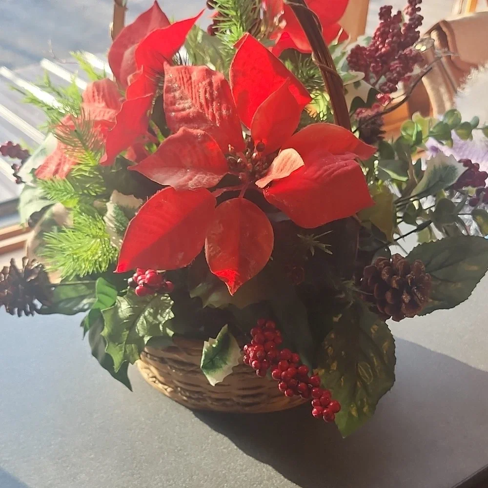 Artificial Poinsettia and Pinecone Christmas Flower Basket Arrangement